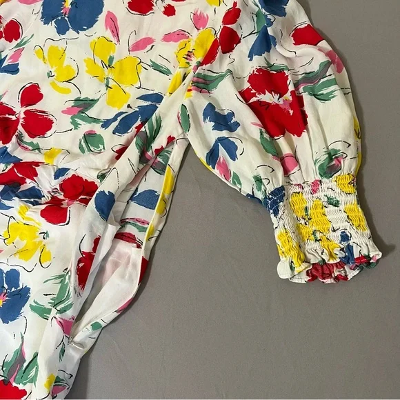Rixo white Floral multicolored Mock Neck Cascade Ruffle Dress short sleeves sz 6 - Picture 6 of 16